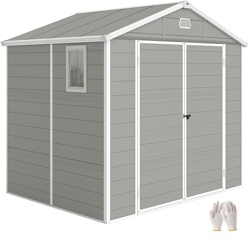 Outsunny Gerätehaus 4,1m² mit Satteldach Tür 240 x 190 x 228 cm Hellgrau | Kunststoff Gartenchuppen, Geräteschuppen mit Abschließbare Tür, Belüftungsfenster, Fundament, Gartenhaus