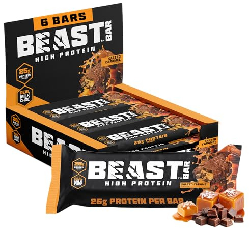 Beast Bar Giant Protein Bars High Protein 25g Each- Salted Caramel 6 Pack | Real Milk Chocolate Indulgent Nutrition Bars. High Protein Snacks with 25g Protein per 80g Bar. High Protein Bars Multipack.