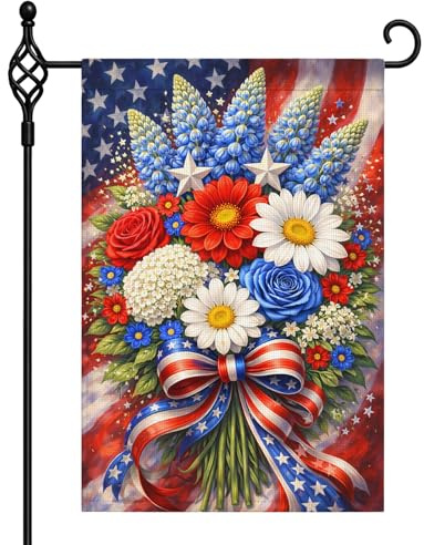 Drapeau patriotique de jardin floral rouge, blanc et bleu du 4 juillet pour le jour commémoratif, printemps et été, décoration extérieure de cour 30,5 x 45,7 cm double face