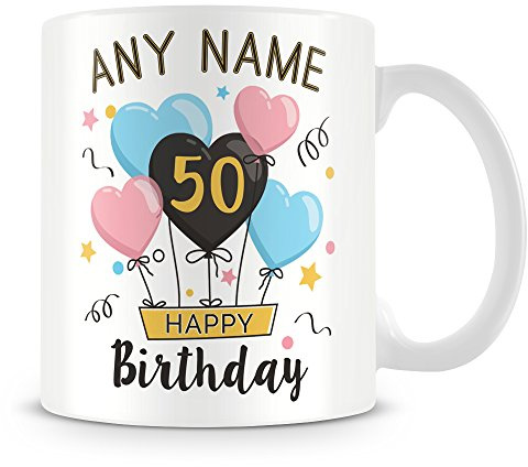 50th Birthday Gift- Personalised Mug/Cup - Add Name - Birthday Balloons Design