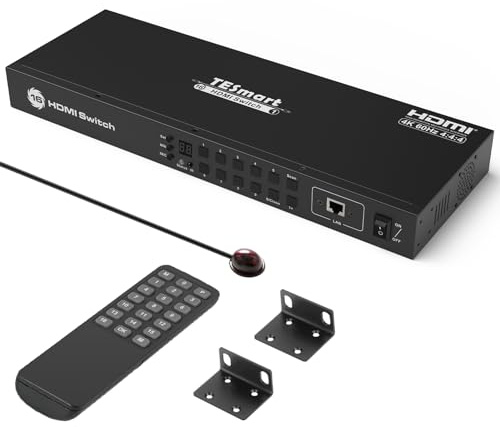 TESmart HDMI Switch 16 Port, 16x1 4K@60Hz HDMI Switcher,with EDID Emulator, RS232/LAN Port, HDCP 2.2, Support Auto Scan,Auto Detection, 16 In 1 Out Switch for 16 Computers with Rack Ears and IR Remote