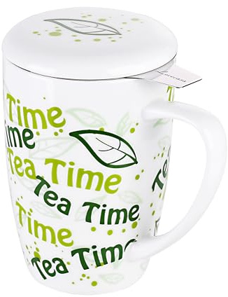 LOVECASA, Tea Cup with Infuser in Porcelain, Large Mug, Tea Pot with Stainless Steel Filter, 450 ML Cup with Lid