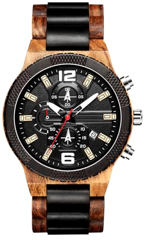 RORIOS Reloj de Madera para Hombre - Analógico de Cuarzo con Cronógrafo - Pulsera Natural Multifunción