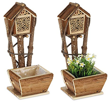 Relaxdays Bienenhotel mit Blumentopf, 2er Set, kleines Insektenhotel, Garten & Balkon, Nisthilfe für Wildbienen, Natur