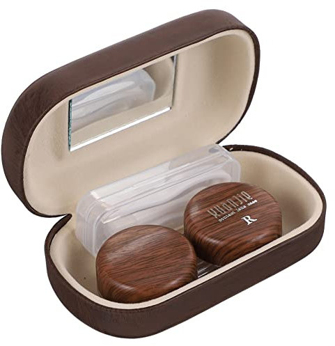 Wood Grain Case: Portable Lenses Container Eye Care Box with Mirror Tweezers Remover for Travelling Dark Brown