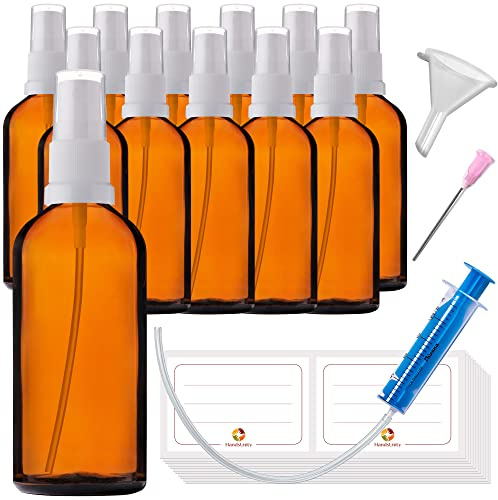 HandsUnity 100ml-12pz di Flacone in Vetro per Spruzzatore - set di Flaconi in Vetro Ambrato per Farmacia con Flacone Spray in Vetro Atomizzatore Bianco in Vetro Marrone inclusi 29 Accessori