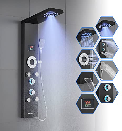 ROVOGO Shower Panel System with Led Lights No Battery Needed, MIST & RAIN Shower, 5 Body Jets, Handheld, Tub Spout and Temperature Display, Water Powered Led Shower Tower Column Stainless Steel, Black
