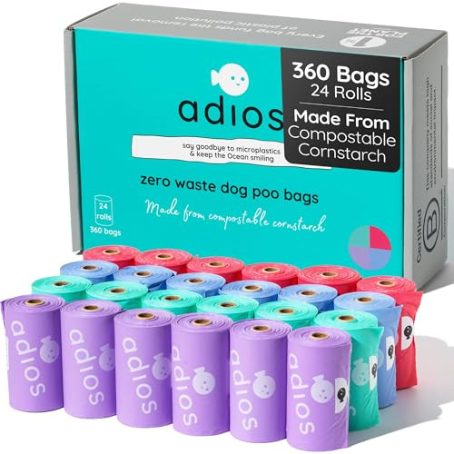 Adios Kompostierbare Hundekotbeutel, 360 Stück (24 Rollen) – Regenbogenfarben – extra dicke, auslaufsichere, geruchsdichte Hundekotbeutel – aus kompostierbarer Maisstärke – leicht abreißbare Rollen