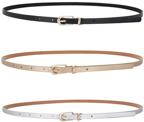 LECTNORE 3 pezzi cintura da donna in pelle sottile per abiti cintura in vita sottile con fibbia in metallo per jeans pantaloni eleganti (argento/nero/champagne)