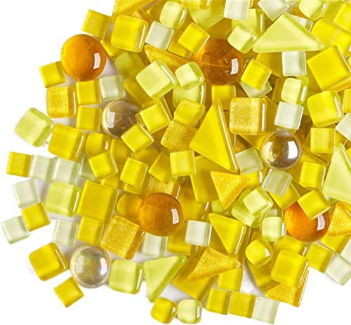 1.1 LB Irregular Crystal Mosaic Tiles,Small Particle Color Decal Crystal Glass Tile DIY Hobbies Children Handmade Crystal Craft for DIY Handmade Decorative Materials (Lemon Yellow Series)