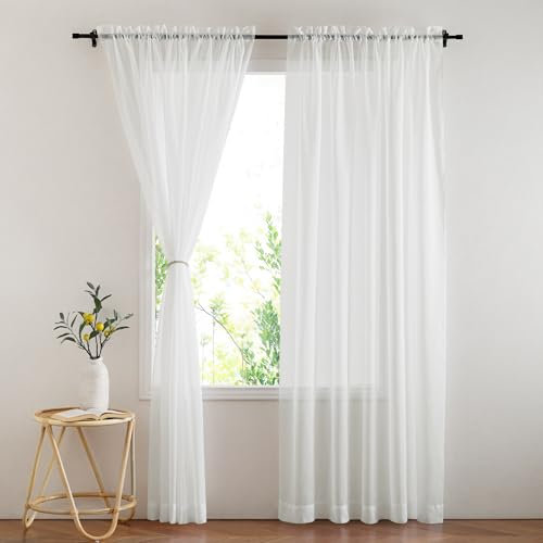 PONY DANCE Slot Top Net Curtains for Windows - White Voile Curtains 72 Drop Pair Light Filtering Semi Transparent Voile Sheer Panels for Living Room/Bedroom/Kitchen, Set of 2, 60 Inch Wide