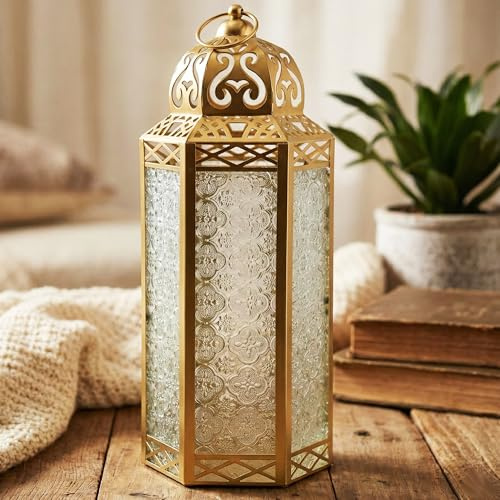 Dekorative marokkanische Bodenlaterne aus goldenem Metall, Kerzenhalter, Lampe – Innen-/Außenbereich, Heimdekoration, Terrasse, Hochzeiten, Weihnachten, extra groß