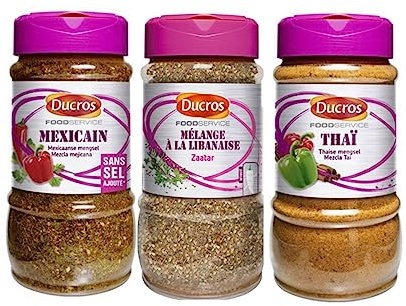 Lot d'épices du monde DUCROS : Mélange mexicain (185g) - Mélange libanais Zaatar (180g)- Mélange thai (240g)