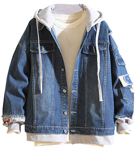 OBiQuzz jeansjacka herr vintage jeansjacka för män med huva smal passform långärmad fritid huvtröja tvätta jeans jackor huvrockar kostymer unisex jeans pullover toppar innerjacka, Mörkblå, XXL