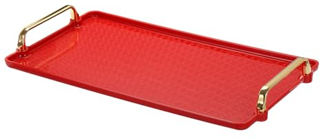 PATIKIL Reutilizable Plástico Servir Bandeja con Dorado Mango, 16.1 x 8.7 Moderno Rectangular Decorativo Bandeja Joyas Plato para Encimera Baño Cocina, Rojo