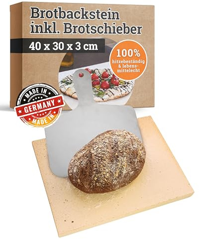 Feuerfest 123 Brotbackstein eckig inkl. Brotschieber I 40x30x3cm I Lebensmittelechte Backofen-Steinplatte aus Schamotte I Backstein für Backofen & Grill I Ideal für Brot, Pizza & Flammkuchen
