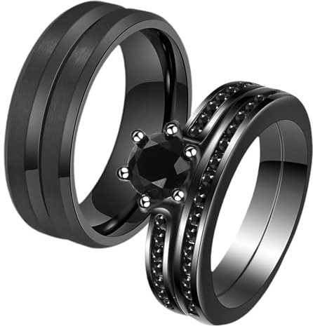 JewelryWe Paar Ringe Edelstahl Schwarz: 2pcs Stapelbare Partnerringe Freundschaftsringe mit Rille Zirkonia Verlobungsring Ehering Versprechensring Hochzeit Band Bandring mit Gravur für Herren Damen