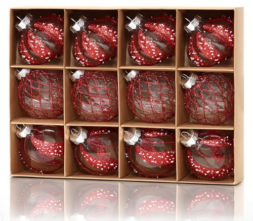 DEMIUKO Weihnachtskugeln Rot 12er Set, 8CM Christbaumkugeln Groß Glitzer Baumkugeln Kunststoff Christbaumschmuck Bruchsicher Plastik Weihnachts Anhänger Ornamente für Party Feier Weihnachtsbaum Dekor