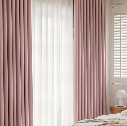 Beydodo Vorhang Verdunkelung Ösen 2er Set, Chenille Gardinen Blickdicht 102x214CM Modern Einfarbig mit Kariert Motiv Verdunkelungsvorhänge Rosa Kinderzimmer Wohnzimmer Schlafzimmer
