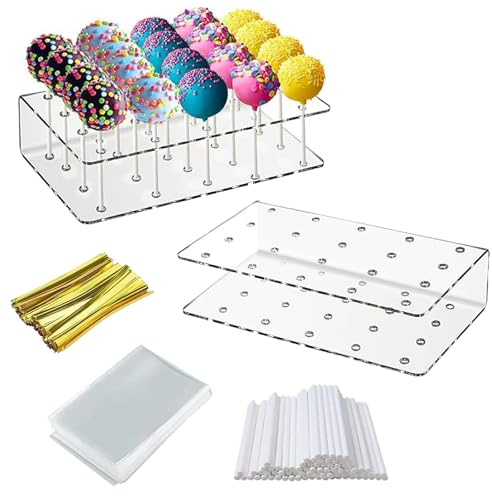 EVDZNA 2 Stück Lollipop Ständer, 20 Löcher Lollipop Halter, Cake Pop Ständer Acryl Popcake Halterung, Mit 100 Stück Papierstab, Lollipop Tüten und Kabelbinder, Für Partei Festliche Dekoration