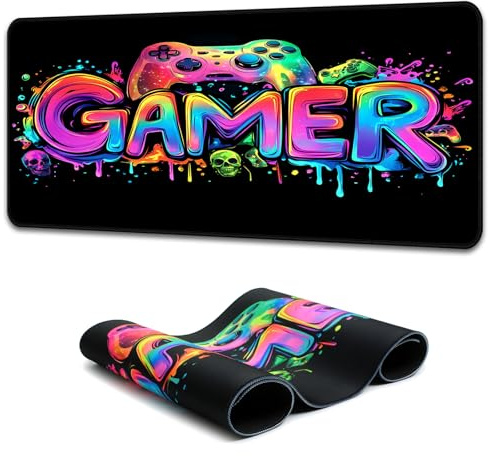 Simpkeely GAMER Mouse Pad, Blacklight Colorful Gaming Skull Skeleton Waterproof Extended Large Desk Pad UV Long Computer Keyboard Gamepad with 3mm Non-Slip Rubber Base for Office Home - 80 x 30 cm
