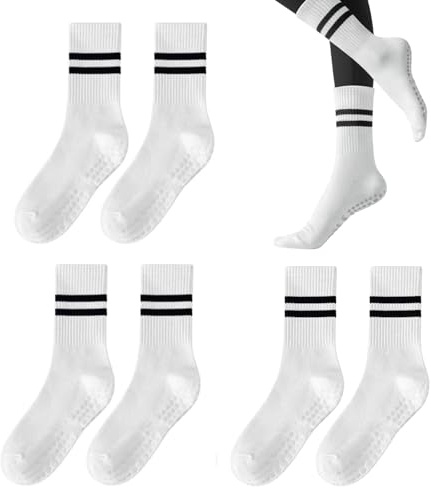 TUONYIS 3 Pairs Rutschfeste Socken Damen, Stoppersocken Yoga Socken Damen mit Griffen Pilates-Socken, Frauen Antirutschsocken, Herbst und Winter Sportsocken, für Pilates Ballett Barre Trampolin(Weiß)