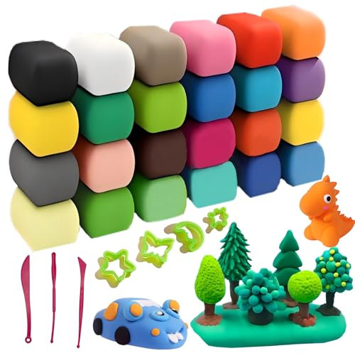 24 Farben Modelliermasse lufttrocknend – Ultra Light Foam Clay Set für Kinder ab 3 Jahren – Selbsttrocknende Knete mit Werkzeugen & Formen – Kreatives Bastelset & DIY Geschenk Jungen Mädchen
