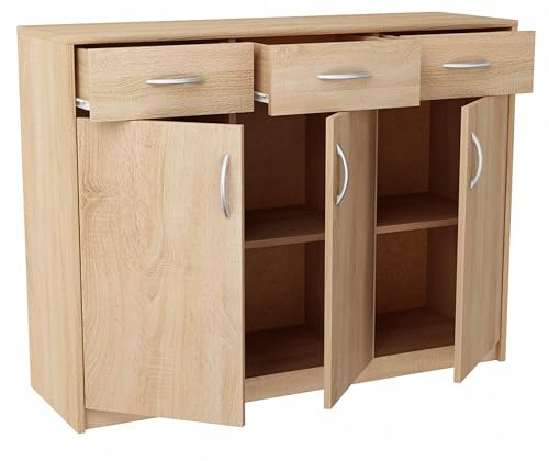MATKAM Schlafzimmer Kommode mit Schubladen und Türen - Sideboard Wohnzimmer H:85xB:110xT:35 cm - Komode mit 3 Schubladen und 3 Türen - Komodenschrank für Schlafzimmer - Sonoma Eiche/Weiß