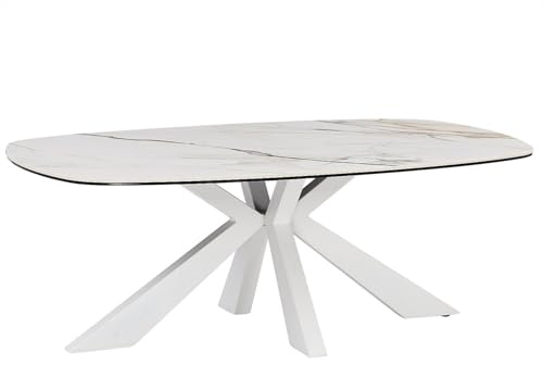 Vente-unique-Mesa de Centro de Cristal Templado, cerámica y Metal - Efecto mármol Blanco - DERIYA de Maison Céphy