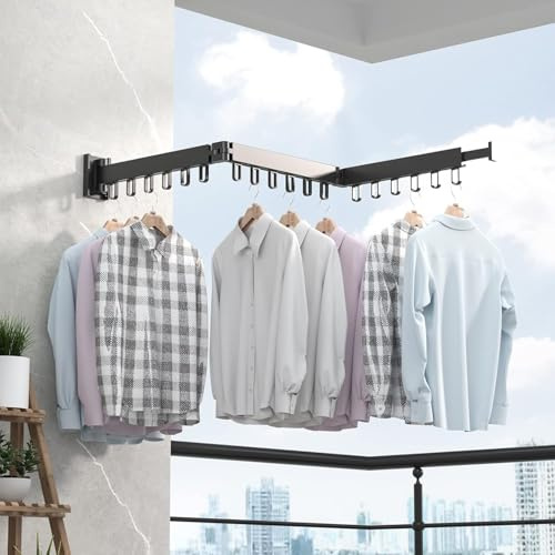 Taylor & Brown Clothes Drying Rack Wall Mounted, Retractable Garment Rack with Hooks, 360° Rotating Tri-Collapsible Laundry Clothes Drying Rack for Balcony, Laundry, Bathroom