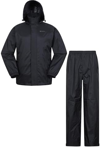 Mountain Warehouse Pakka Mens Jacket & Overtrouser Set - Lightweight Waterproof Rain Coat & Pant Set, Adjustable Hood - Spring Summer, Wet Weather, Outdoors Black XL