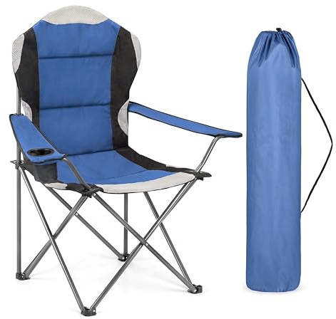 ADEPTNA High Back Folding Camping Chair Luxury Padded Seat Heavy Duty Tubular Steel Frame, Cup Holder Armrest Carry Bag Portable Outdoor Chair Camping Fishing Garden Festival Ideal Summer (BLUE)