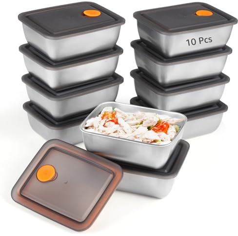 BOSREROY Juego de 10 contenedores de almacenamiento de alimentos a prueba de fugas de acero inoxidable 316, cajas bento de 20 oz con tapas, aptas para microondas y congelador