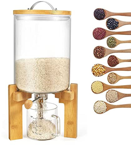 Reisspender, 5 l/8 l, Glas-Lebensmittelbehälter mit Holzständer und Messbecher für Küchenorganisation und Speisekammer