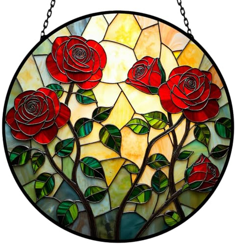 Rose Floral Stained Glass Sun Catcher Window Hanging,Handmade Suncatcher Window Art for Home Decor and Garden,Romantic Gift for Her, Wife or Mom