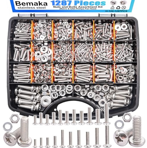 Bemaka 1287Pcs Nuts and Bolts Assortment Kit, 304 Stainless Steel Bolts Machine Screws Hardware Assortment Kit, Metric & SAE Phillips Pan Head Screws, Assorted Bolts, Nuts and Washers Kit