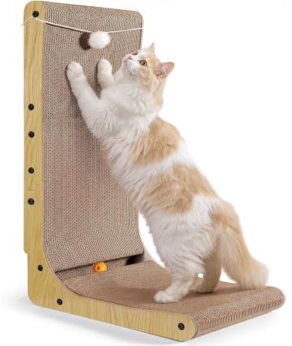 Gimars Griffoir Chat Carton en Forme de L 68cm, Épais avec Boules en Peluche et à Grelot, Grande Taille à Fixer au Mur, Jouet pour Protéger Meubles