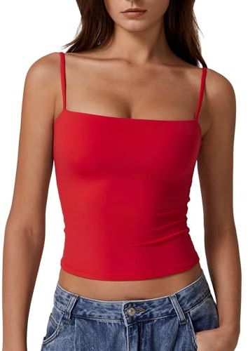 Vest Tank Tops for Women UK Summer Ladies Double Lined Basic Tank Top Adjustable Spaghetti Straps Sleeveless Camisole Shirts (Red,XS)