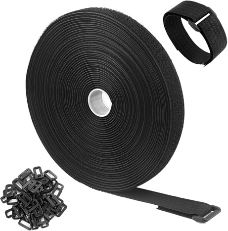 Sangle Velcro Réutilisable 20mm x 10m - Attache Câble Velcro avec 50 Boucles - Ruban Adhésif Scratch Noir pour Rangement Maison & Bureau.