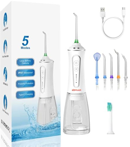 Irrigador bucal portátil con 5 Modos de potencia y 6 boquillas, 1200 Pulsos/min, IPX7, Carga USB-C, Boquilla 360°, Bola Gravitatoria, Limpieza Dental Profunda, Ortodoncia y Encías