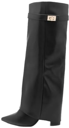 ticticlily Bottes à Revers Femme Mollets Larges Bottines Hiver Cowboy Boots Hautes pour Bureau Mariages B Noir 43 EU