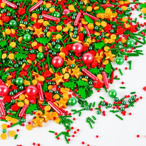 Weihnachts Streusel 120g - Essbare Zuckerstreusel Deko mit Weihnachtsbäumen, Goldenen Sternen, Rot-Grünen Perlen & Herzen in Rot, Grün, Gold - Für Kekse, Cupcakes, Torten - Backdekoration Partyzubehör