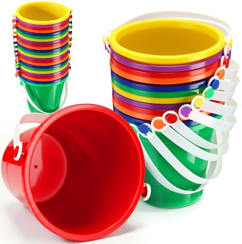 Didaey 12 Pcs Beach Bucket Sand Buckets Bulk for Kids 5 Inch Colorful Fun Plastic Pails and Sandcastle Mold for Toddler Summer Beach Birthday Party Favors Pool Play Castle Water (6 Colors)