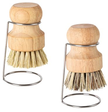 2 Pieces Wooden Washing upBrush with Drain Racks Bamboo Palm BrushMushroom Brush Bamboo Dish Pot Pan Brushes for Cleaning Cast Iron Skillets Steel Pans Dishes and Sinks