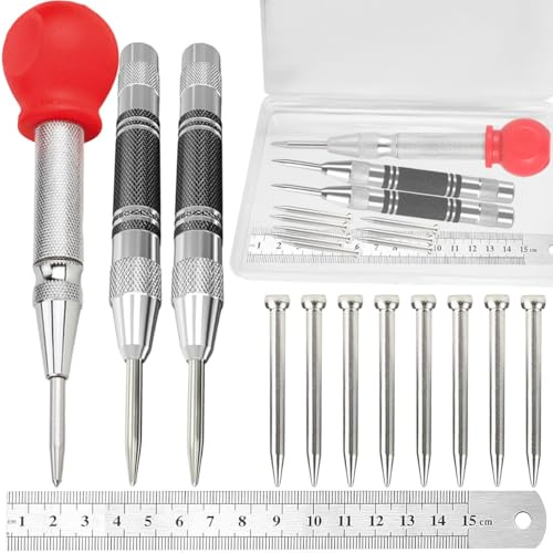 EATBALE Pointeau Poinçon Central Automatique à Ressort 5'' avec Embouts de Rechange Tension réglable Robuste Pointeau a Frapper Outil de marquage de Trous pour métal Verre Bois marquage de précision