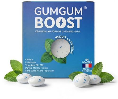 Gumgum Boost - Chewing-Gum Énergisant Sans Sucre aux Vitamines B6 & B12 – Caféine Naturelle & L-Théanine – Énergie, Concentration & Vigilance – Goût Menthe Fraîche – Complément Vegan – 54 Dragées