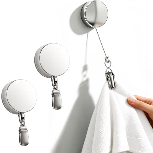 ONEJI 2 Stück Handtuchklammern, Metall Küchenhandtuch Clips mit Ausziehbarem Seil Selbstklebend ohne Bohren Handtuch Aufhänger für Küche, Bad, Wohnmobil, Camping Organisation
