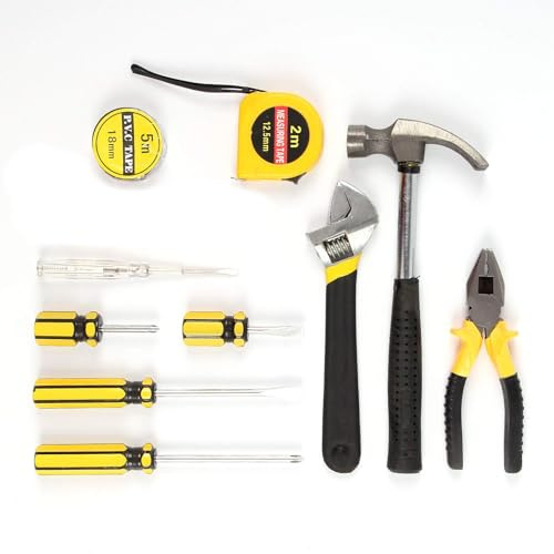 11PCS Household Hand Tools Kit with Storage Case, Portable DIY Home Repair Tool Set Includes Screwdrivers, Hammer, Wrenches & Measuring Tape, for Daily Maintenance and Furniture Repair