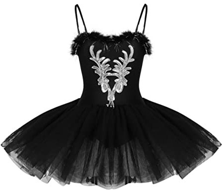 TiaoBug Damen Ballettkleid Schwanensee Tanz Kostüm Ballett Trikot mit Spaghettiträger Tanzkleid Ballettanzug mit Tüll Tutu Rock gr. S M L XL XXL Schwarz S