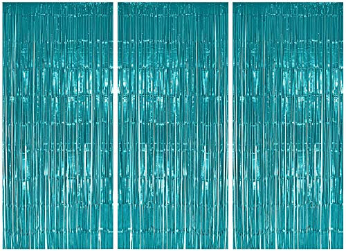 Foxxeo 3X Lametta Vorhang - türkis - 91x244 cm - Glitzer Vorhänge Metallfolie Fensterdekoration Streifenvorhang Party Deko